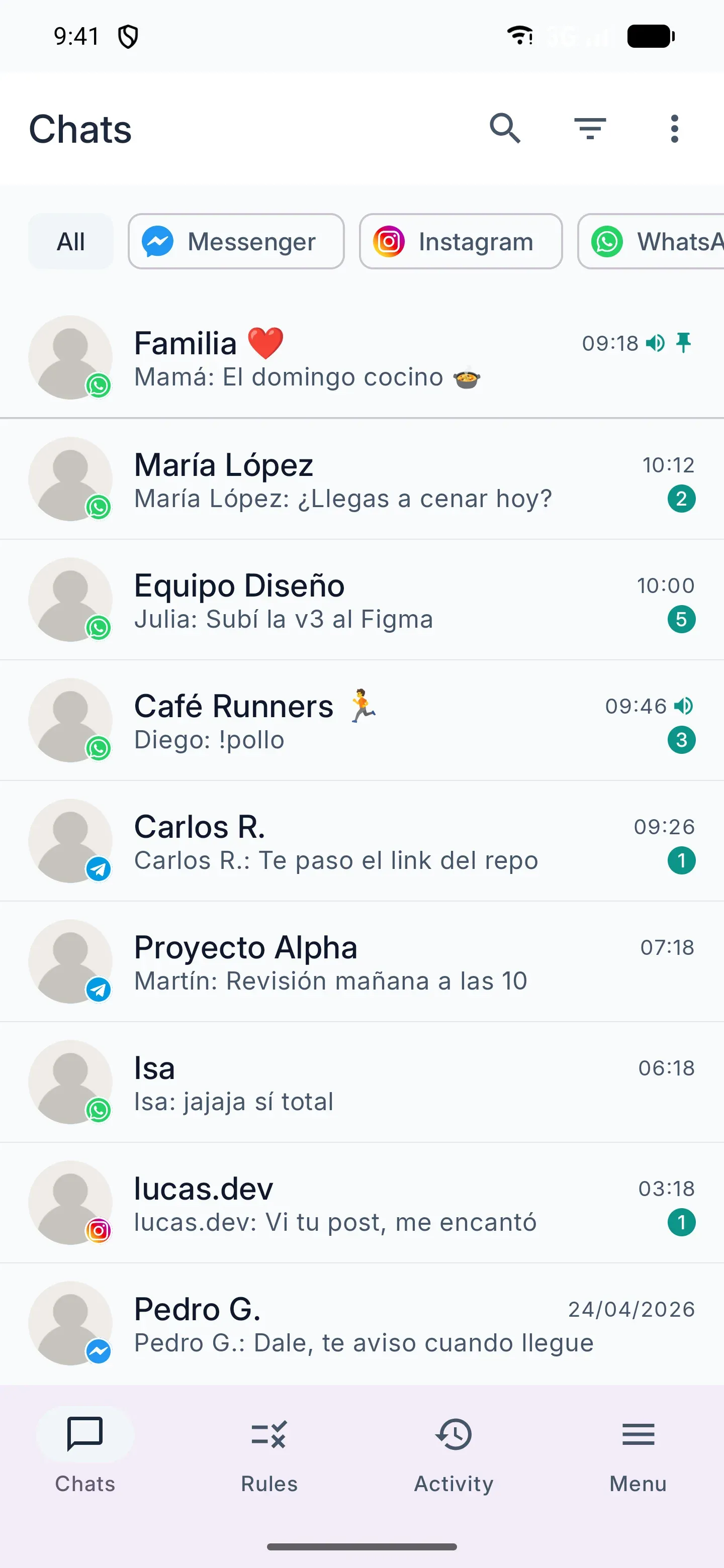 ChatManager showing a unified chat list from several messaging apps on an Android phone.