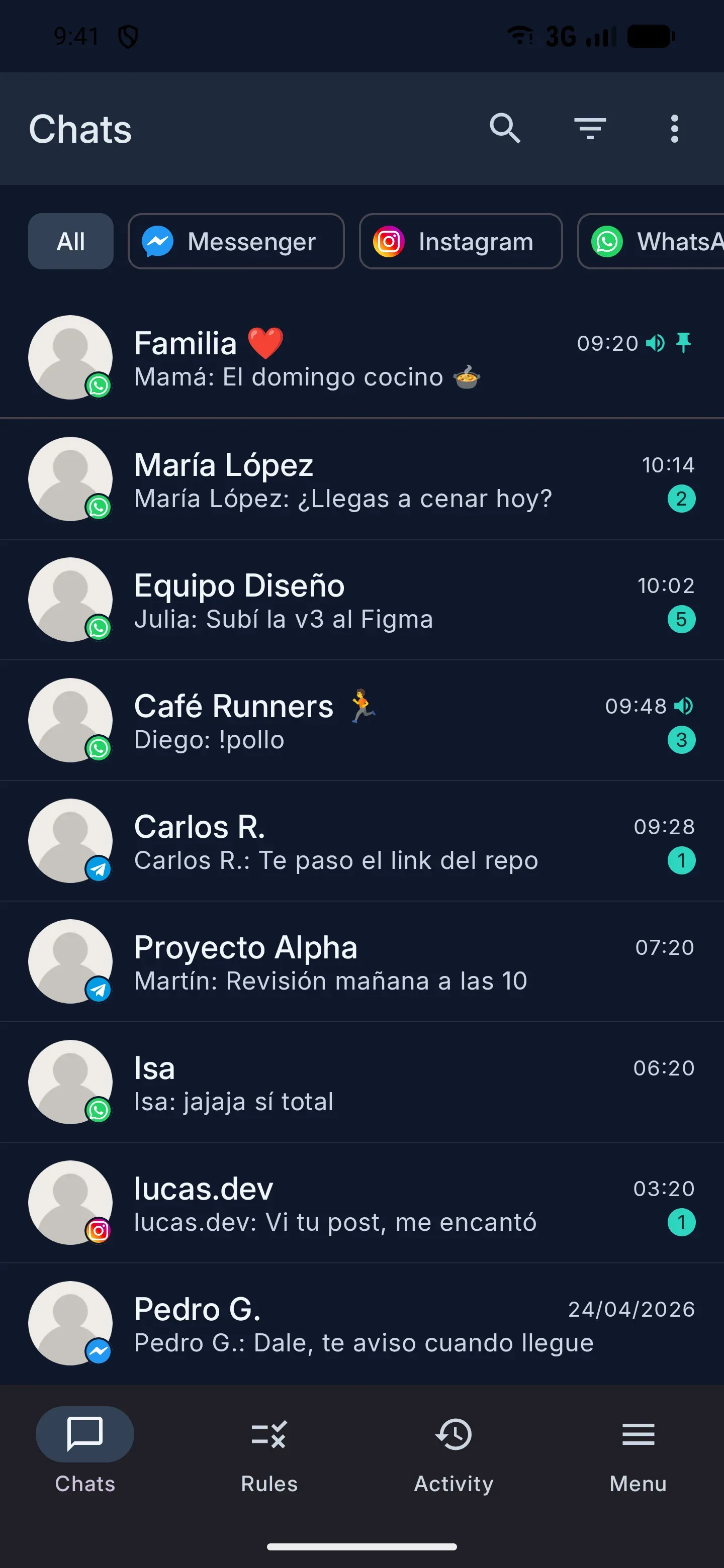 ChatManager showing a unified chat list from several messaging apps on an Android phone.